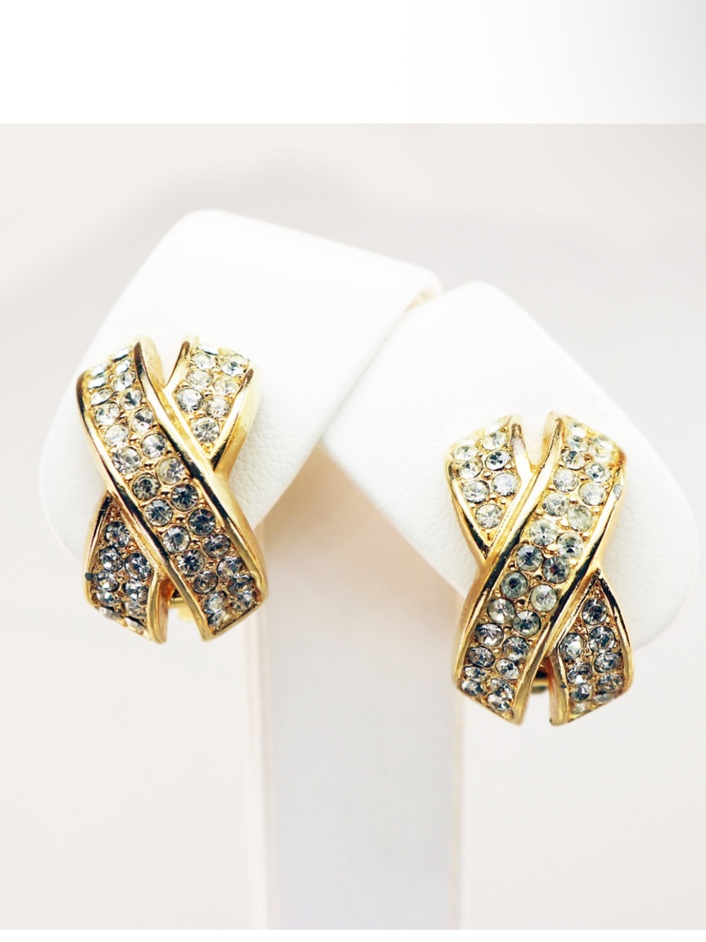 Christian Dior Vintage Gold Crystal Clip Earrings Signed Designer Statement